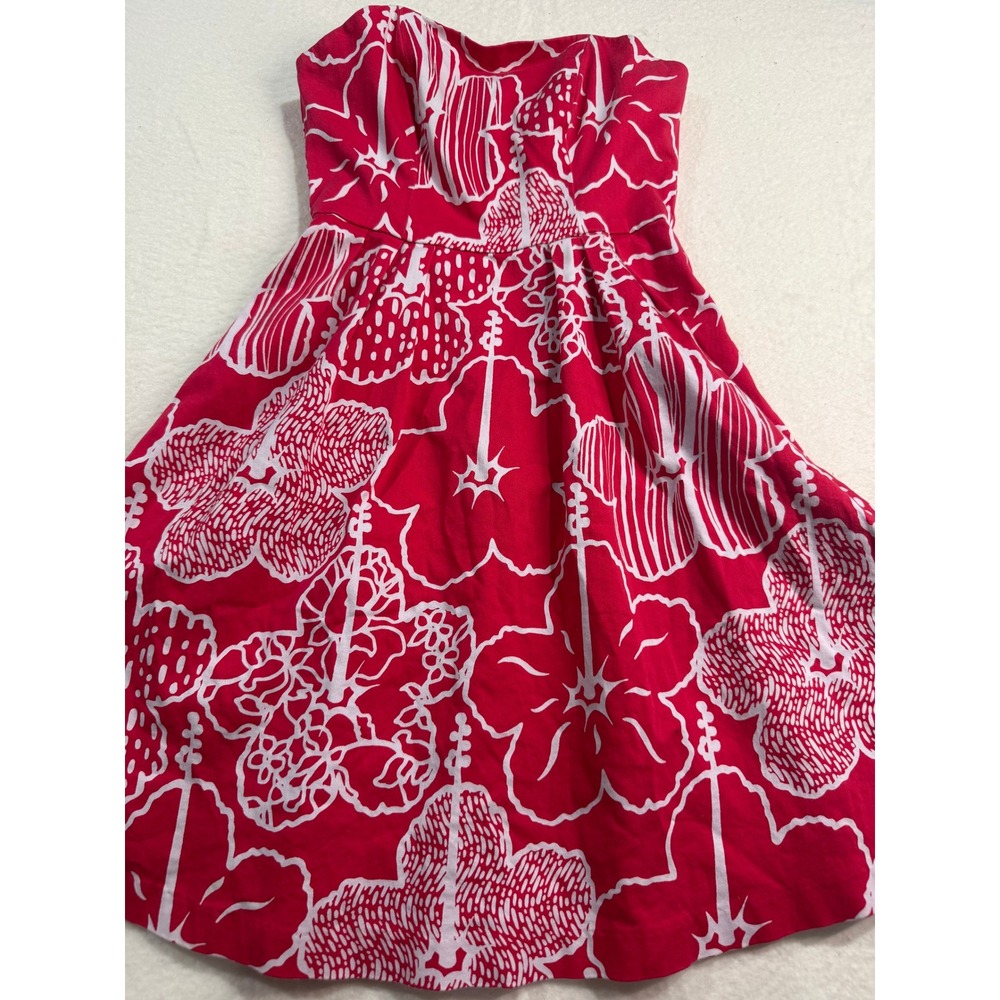 Laundry by Shelli Segal Red White Tropical Hibiscus Strapless Dress Vintage 0